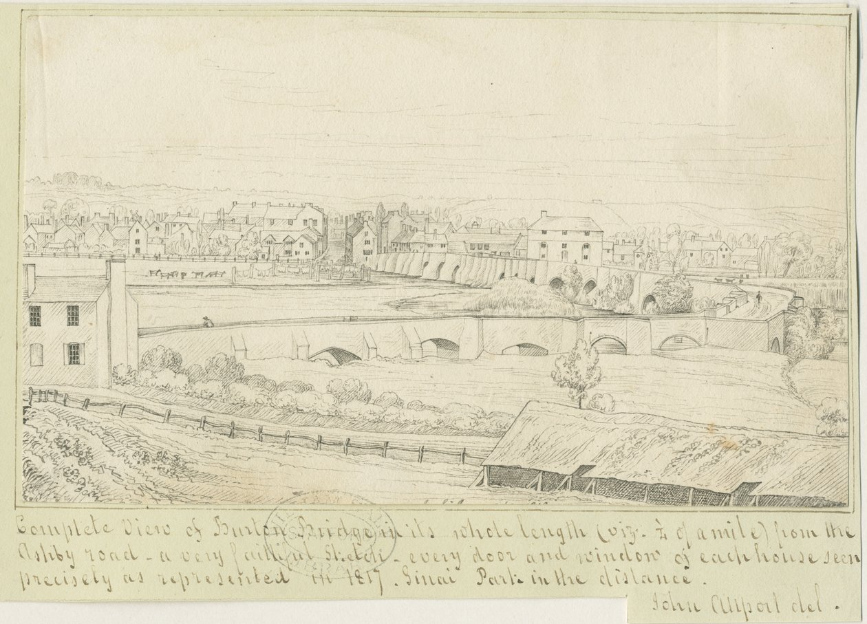 Burton-upon-Trent Köprüsü ve Kasabası: karakalem, 1817 by John Allport