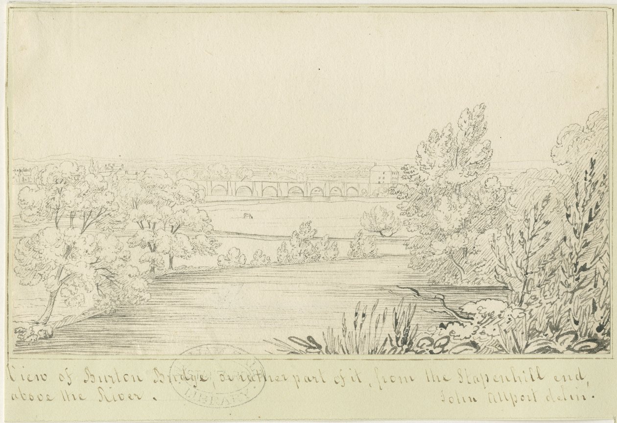 Burton-upon-Trent Köprüsü ve Kasabası: karakalem, nd [c 1817] (çizim) by John Allport