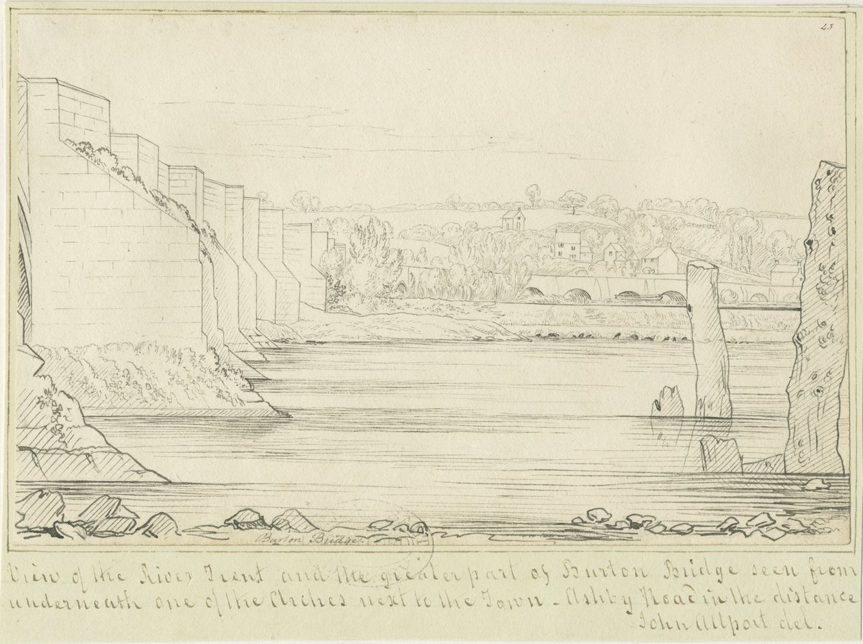Burton-upon-Trent Köprüsü ve Kasabası: karakalem, nd [c 1817] (çizim) by John Allport