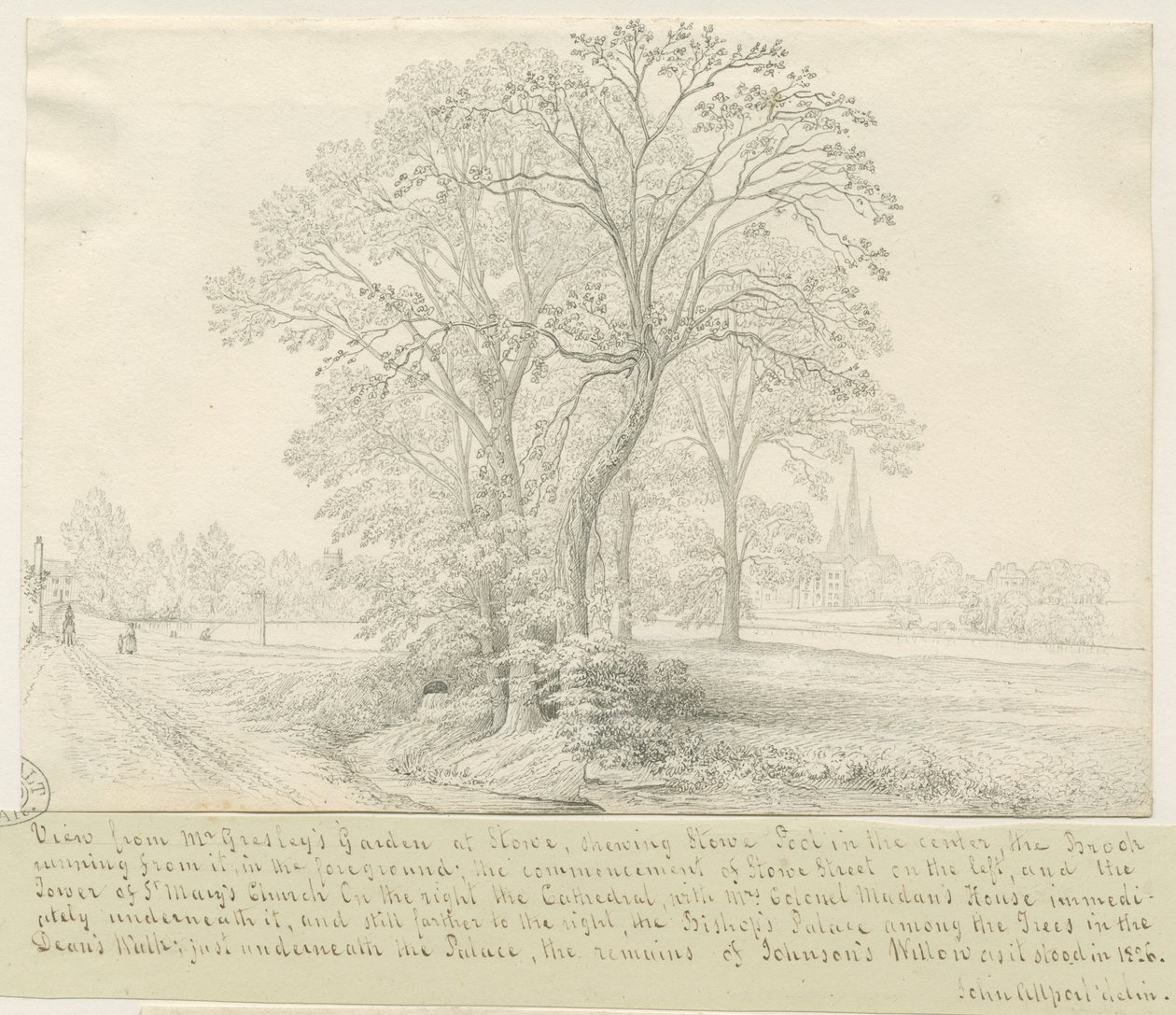 Lichfield - Stowe Pool'dan görünüm: kalem çizimi, nd [1826] (çizim) by John Allport