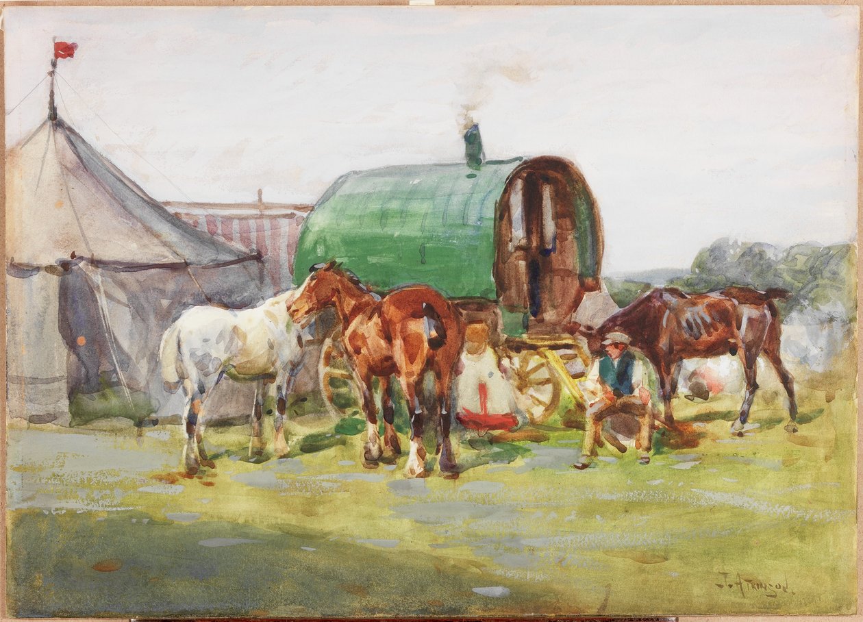 Üç At ve Yeşil Çatılı Kervan (kağıt üzerine kalem ve wc) by John Atkinson