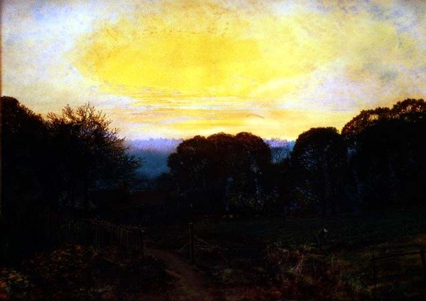 Bir bahçıvan gün batımında bir lahana yaması kazarken by John Atkinson Grimshaw