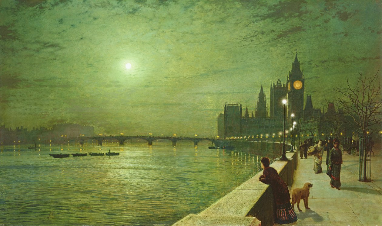 Westminster yakınlarındaki Thames Nehri üzerindeki ışığın yansımaları by John Atkinson Grimshaw