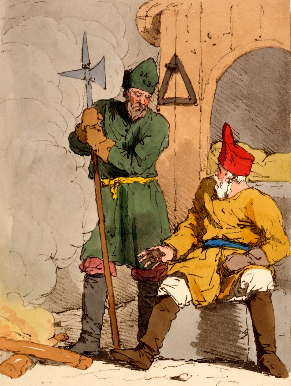 'Boutoushniki' veya Bekçi, 1803-4'te yayınlanan James Walker tarafından 'Rusların Görgü, Gümrük ve Eğlenceleri' adlı çizimden (aquatint gravür) by John Augustus Atkinson