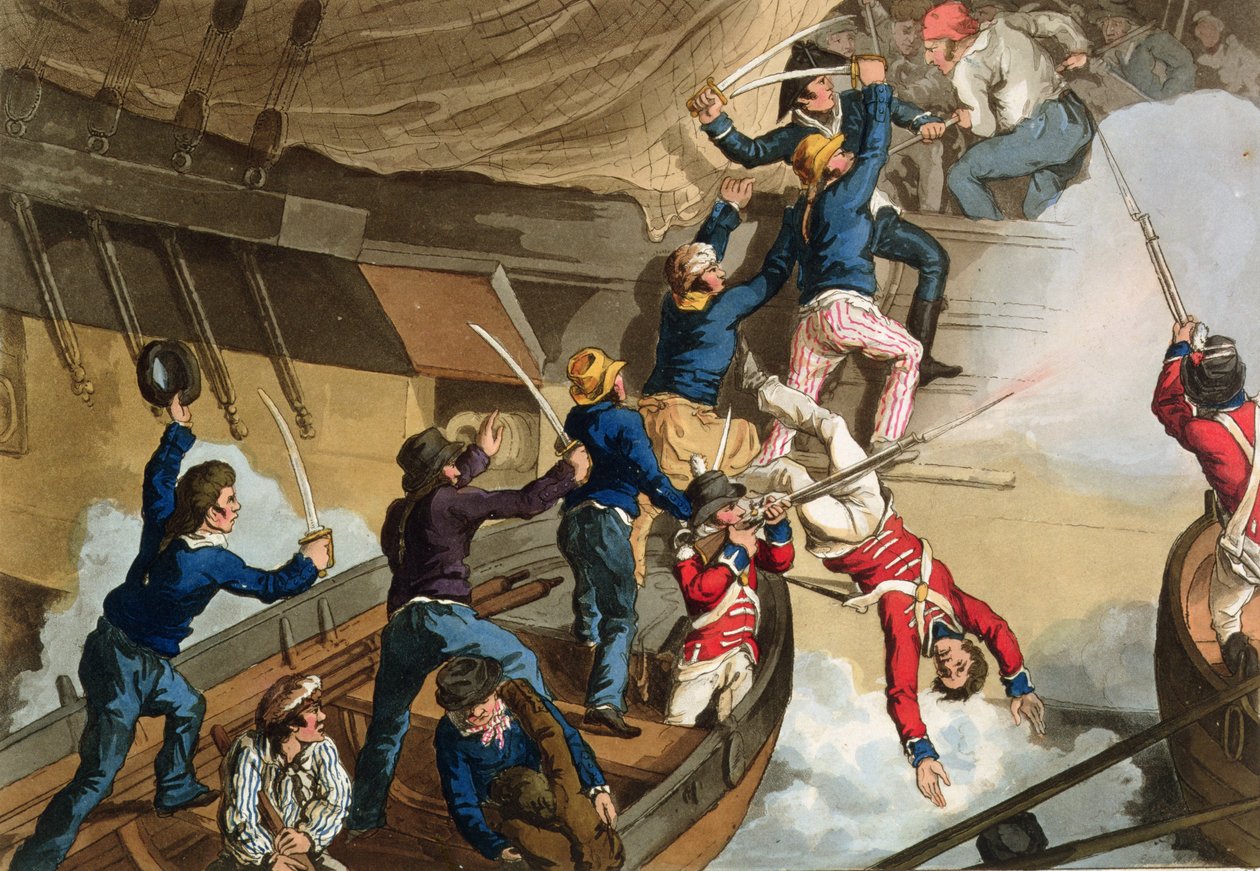 İngiliz Denizciler Savaş Adamına Binerken, Fry ve Sutherland tarafından 'Tarihi, Askeri ve Deniz Anekdotları'ndan oyulmuş, pub. Edward Orme (1774-c.1820) 1815 (aquatint) tarafından by John Augustus Atkinson