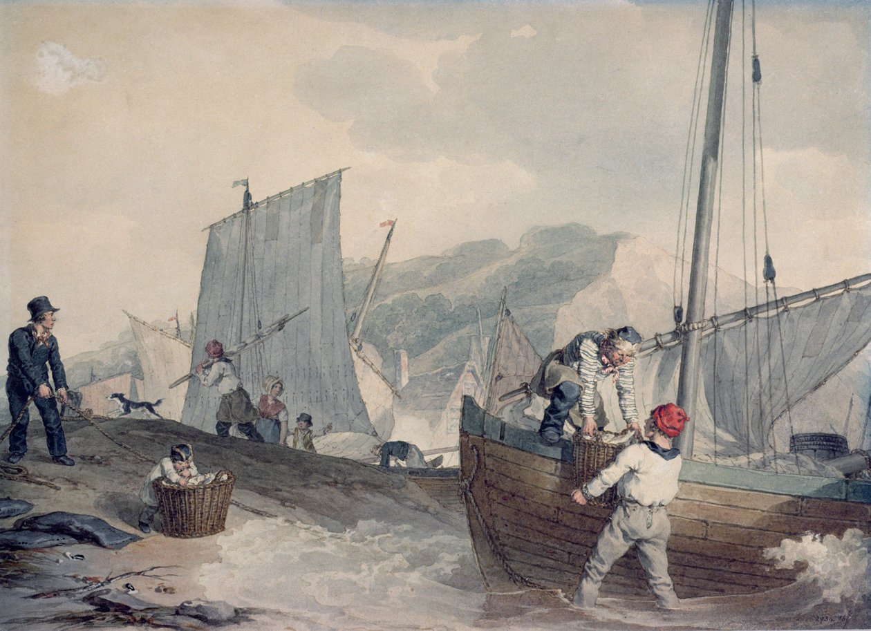Balıkçı Tekneleri Boşaltma (suluboya) by John Augustus Atkinson
