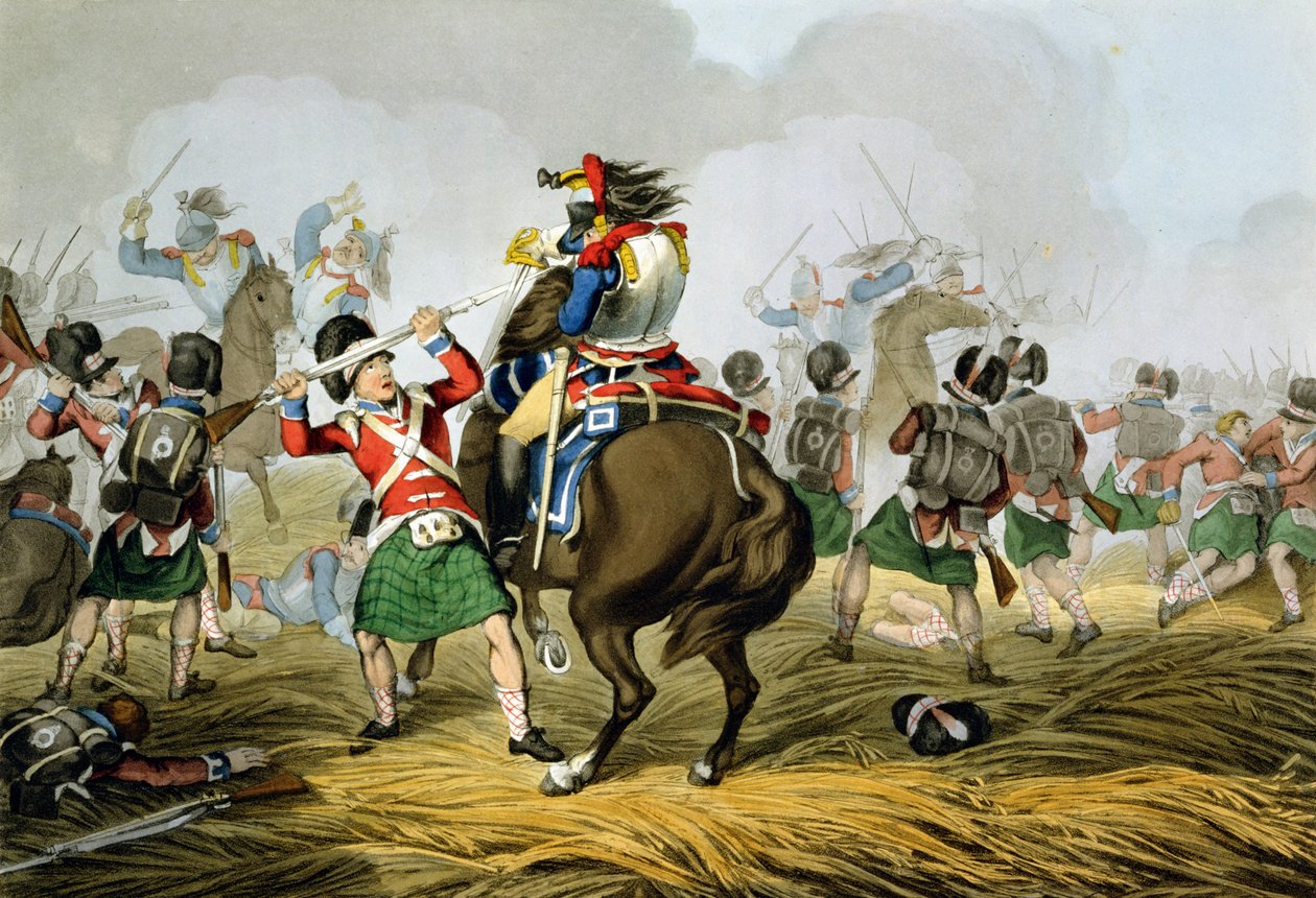 Waterloo Savaşında Fransız Süvarileri, Highlanders ve Scots Greys tarafından Suçlandı ve Yenildi, Matthew Dubourg (fl.1813-20) tarafından 