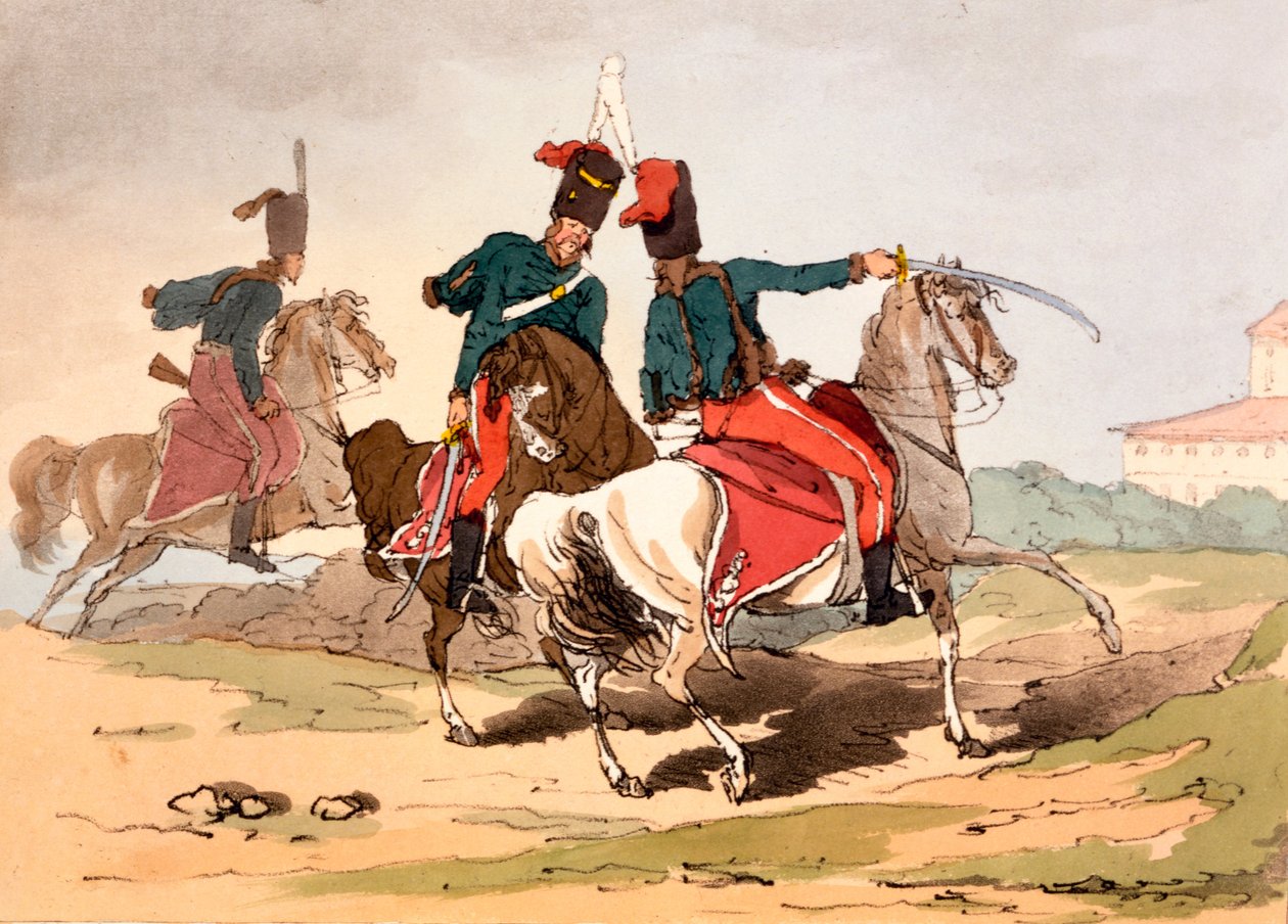 Macar tarzı üniformalı süvari süvarileri, James Walker tarafından 'Rusların Görgü, Gümrük ve Eğlenceleri'nden bir çizim, 1803-4'te yayınlandı (aquatint gravür) by John Augustus Atkinson