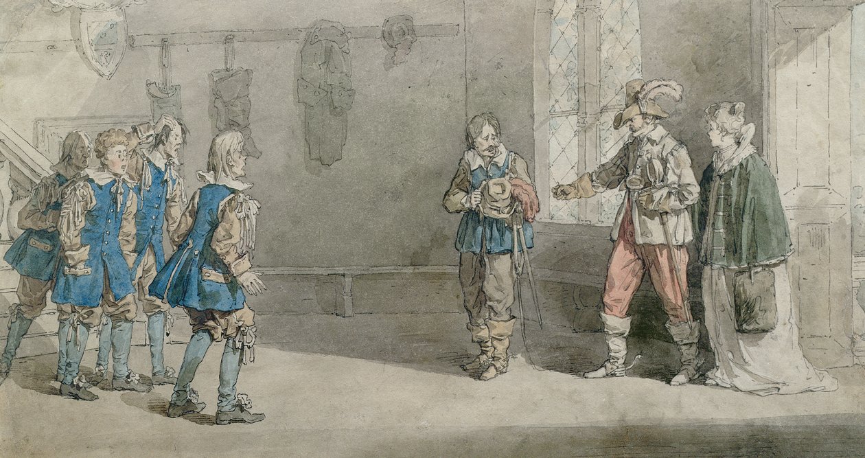 Petruchio, Katarina ve uşaklar, 'Hırçın Evcilleştirme'den bir sahne, c.1815 (kağıt üzerinde kalem ve tuvalet) by John Augustus Atkinson