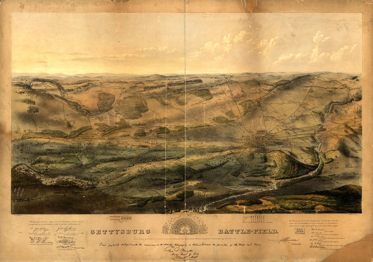 Gettysburg savaş alanı. Savaş, sırasıyla Genl tarafından yönetilen Federal ve Konfederasyon orduları tarafından 1 Temmuz, 2d ve 3d, 1863