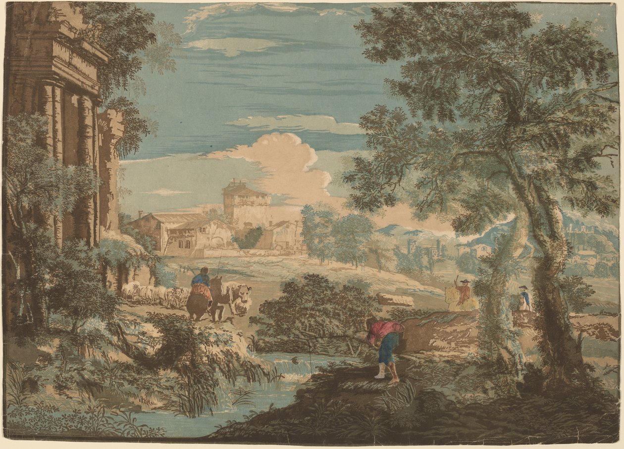 Balıkçı, İnekler ve Atlılarla Kahramanca Manzara by John Baptist Jackson after Marco Ricci
