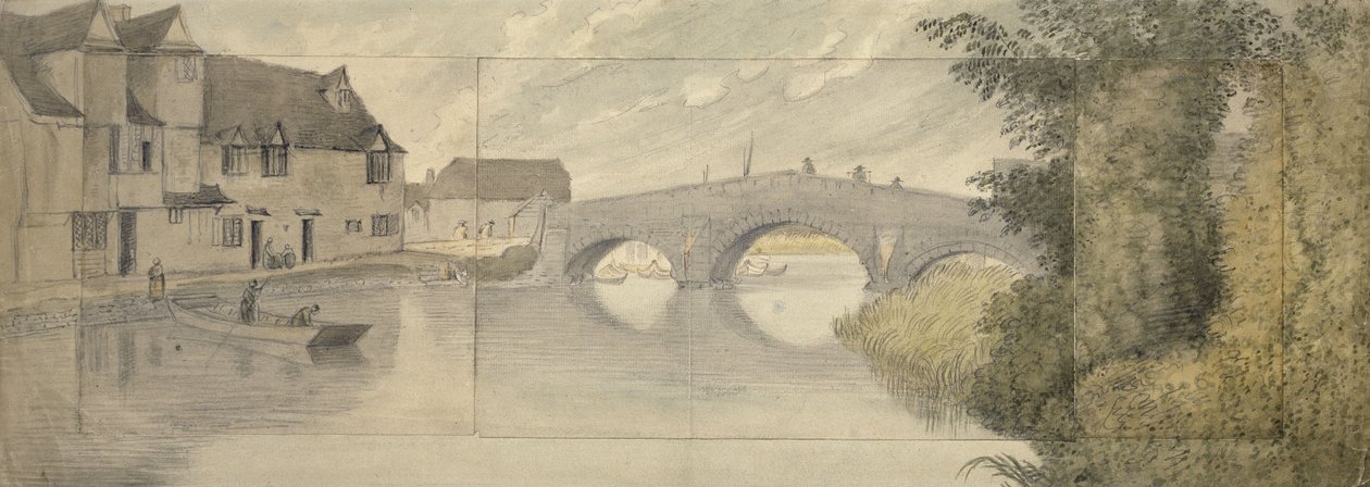Hythe Bridge, Oxford, 1789 (daha büyük bir yaprağa yapıştırılmış üç yaprak kağıt üzerine grafit üzerine sulu boya) by John Baptist Malchair