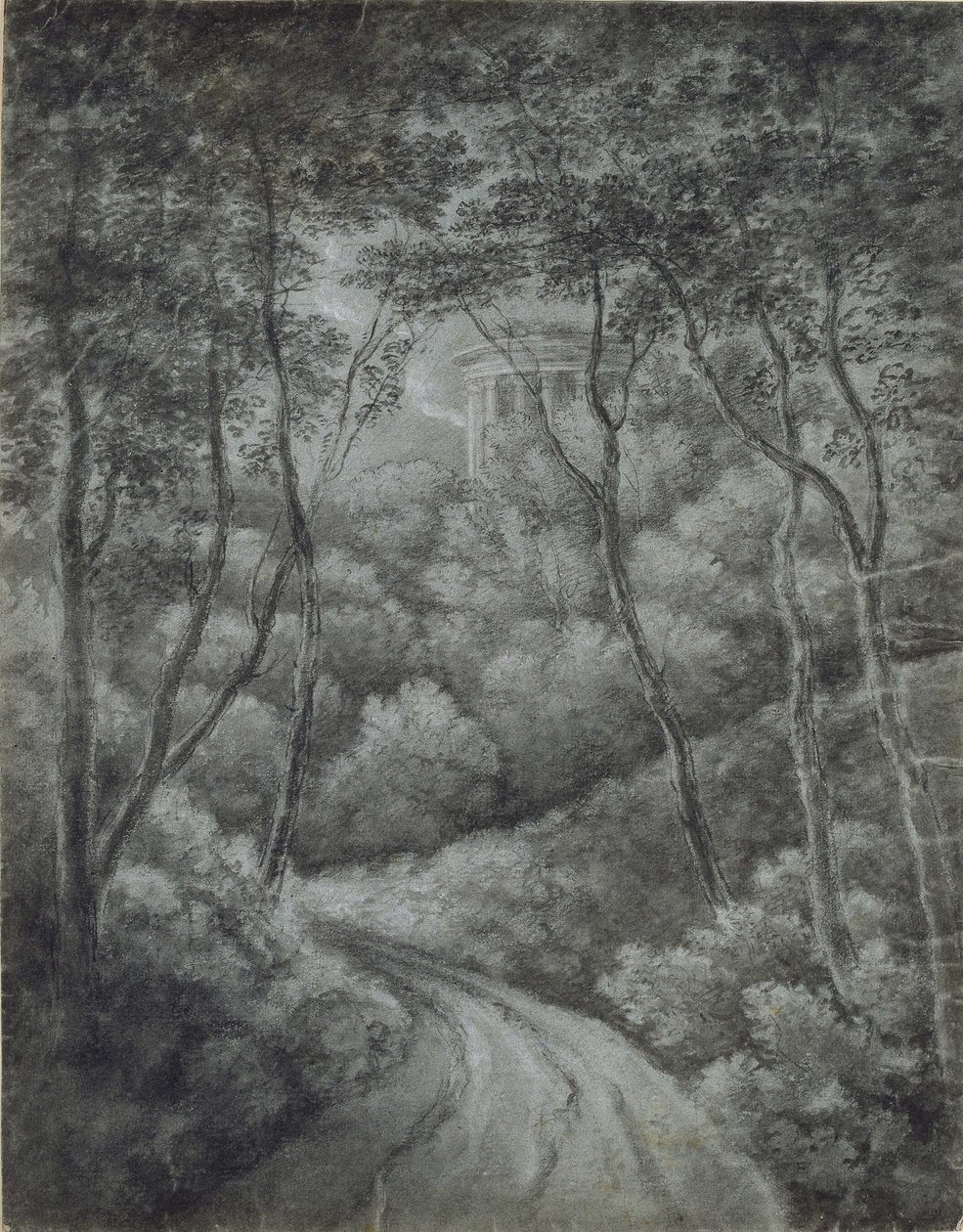 Bir Ormandan Geçen Bir Yol ve klasik bir Tapınak ile manzara (mavi kağıt üzerinde yumuşak grafit ve beyaz tebeşir) by John Baptist Malchair
