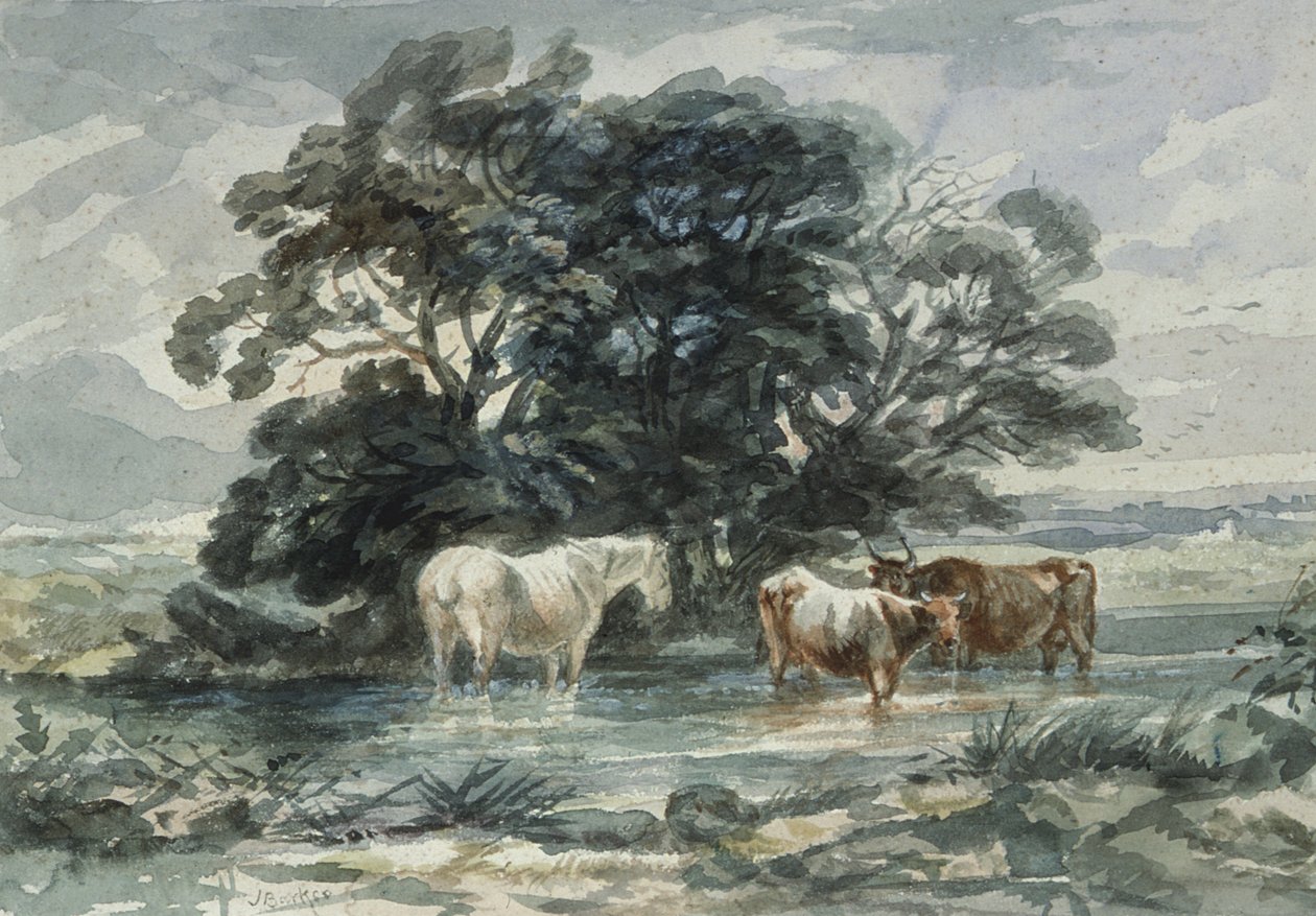 Manzara, iki inek ve suda duran bir at, (kroki) by John Barker