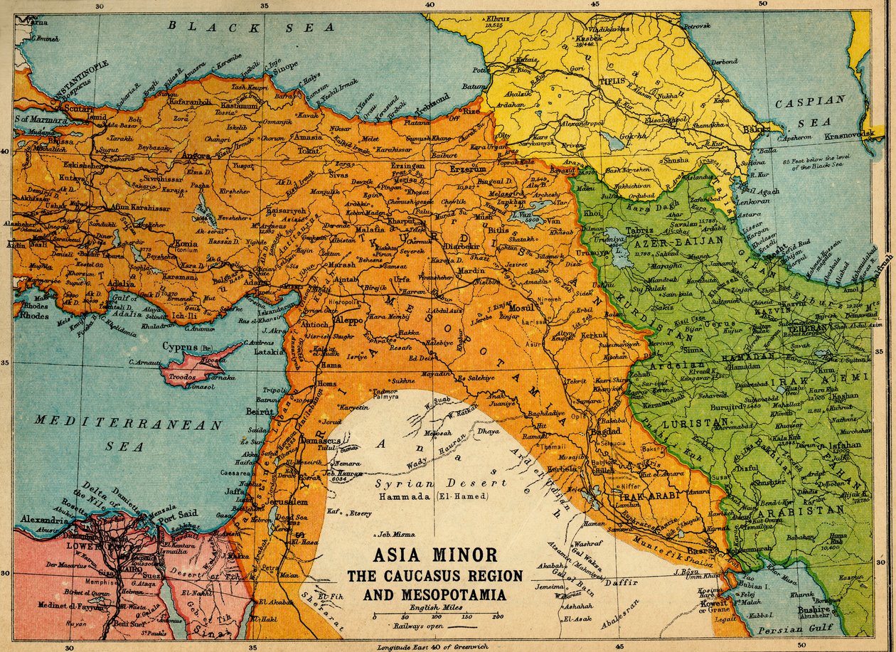 Küçük Asya, Kafkasya Bölgesi ve Mezopotamya, Birinci Dünya Savaşı, c1915, c1920. by John Bartholomew and Son