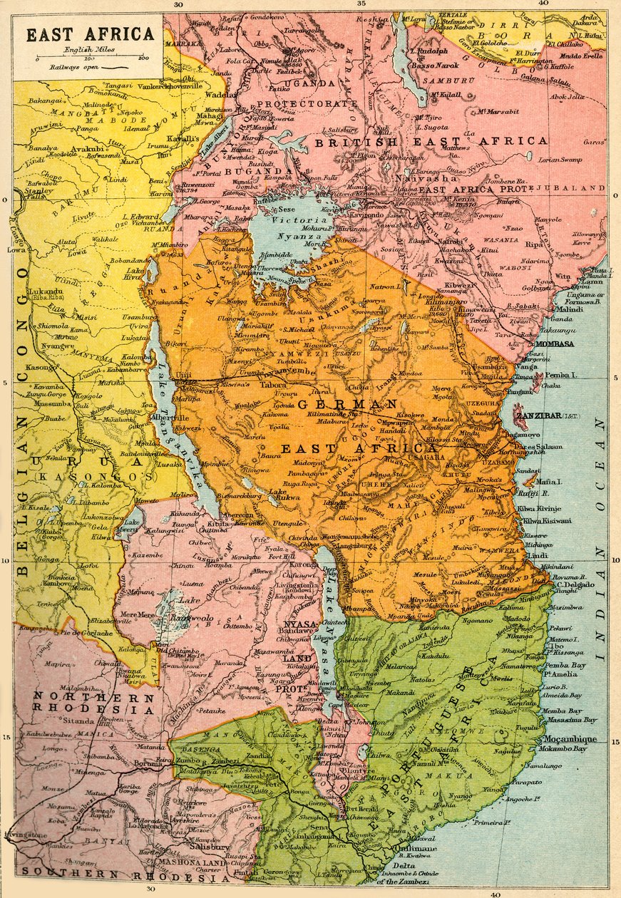 Doğu Afrika Haritası, Birinci Dünya Savaşı, c1920. by John Bartholomew and Son