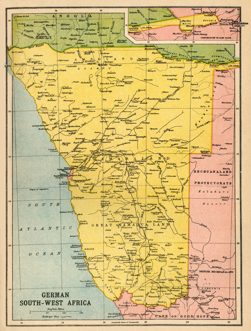 Alman Güney Batı Afrika Haritası, Birinci Dünya Savaşı, c1920. by John Bartholomew and Son
