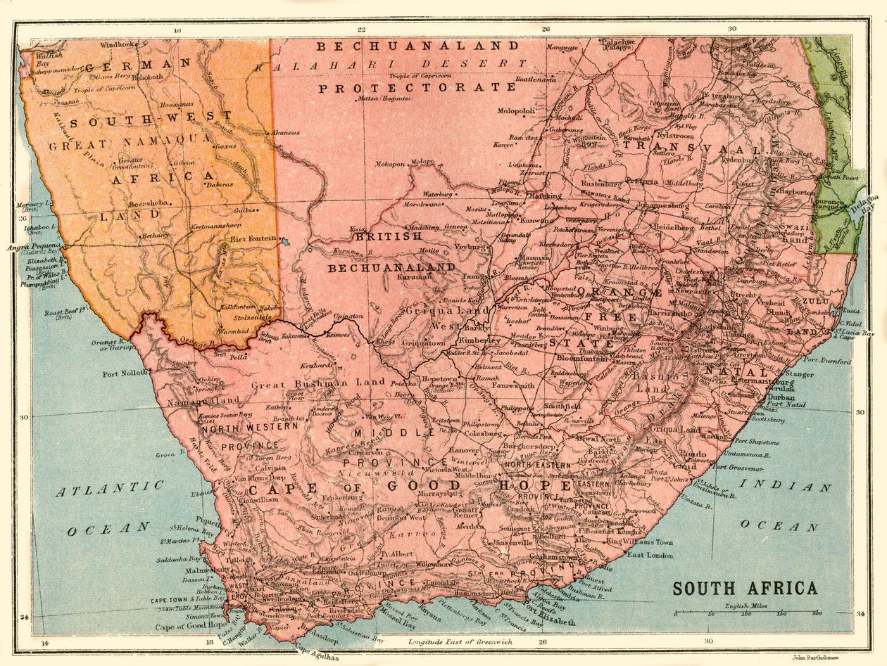 Güney Afrika haritası, c1914, c1920. by John Bartholomew and Son