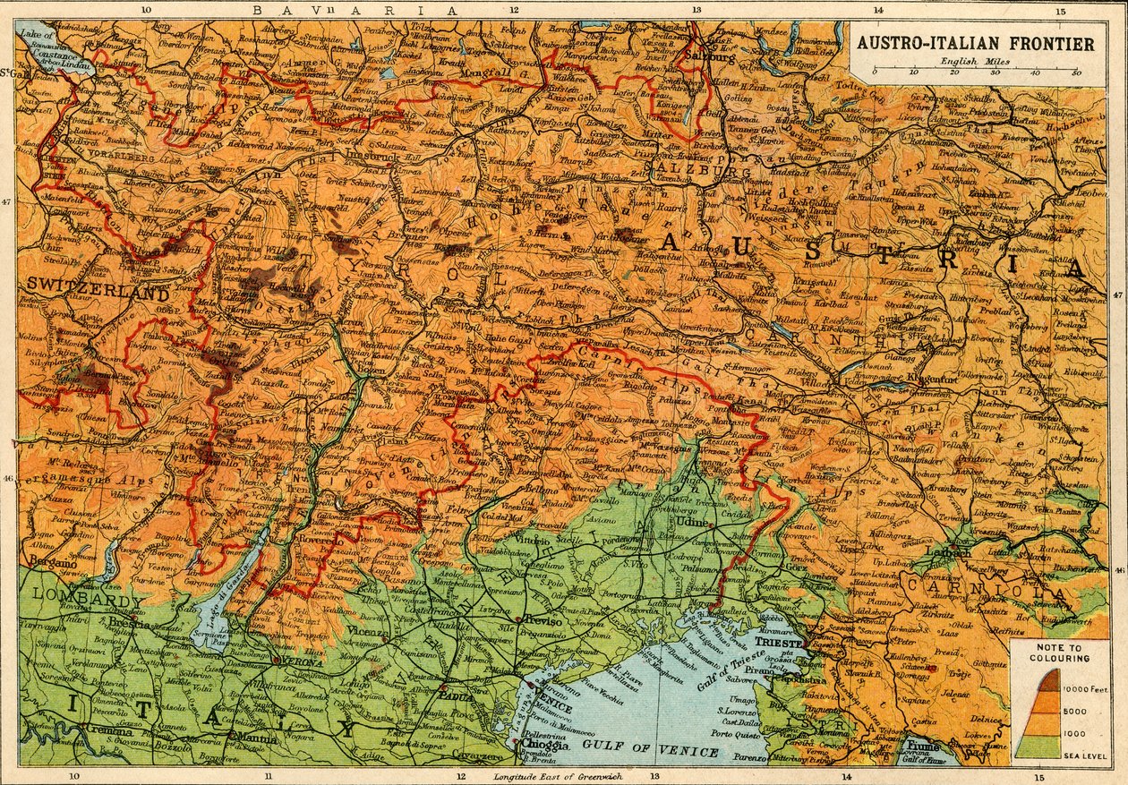 Avusturya-İtalyan sınırının haritası, Birinci Dünya Savaşı, c1920. by John Bartholomew and Son
