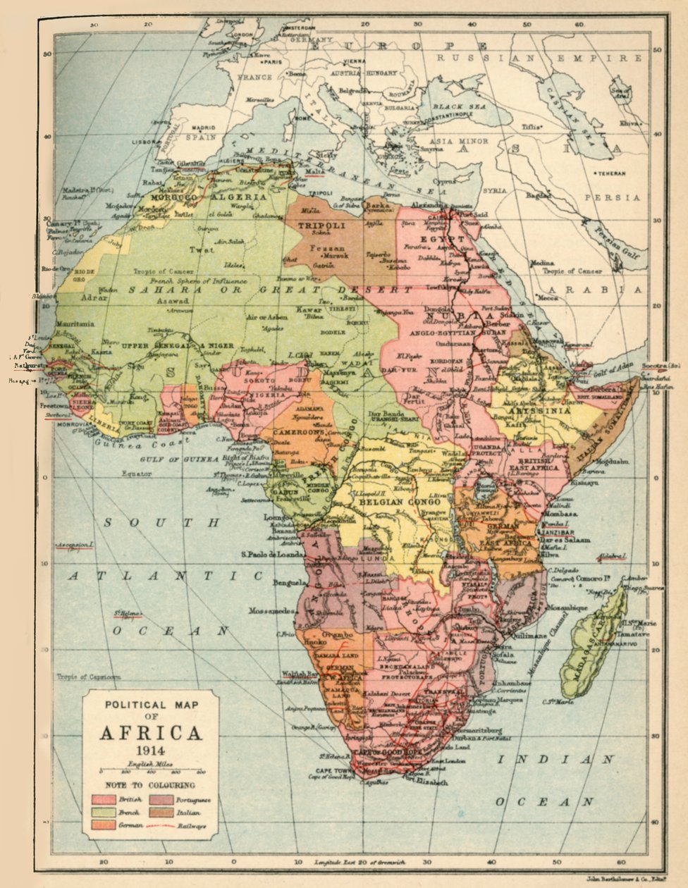 Afrika Siyasi Haritası, 1914, 1920. by John Bartholomew and Son