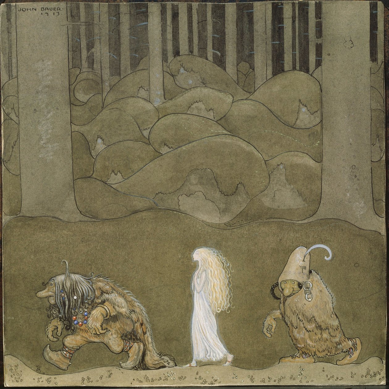 La Princesse et les trols - Prenses ve Troller - Bauer, John (1882-1918) - 1913 - Suluboya, Kağıt Üzerine Guaj - 25x25 - Nationalmuseum Stockholm by John Bauer