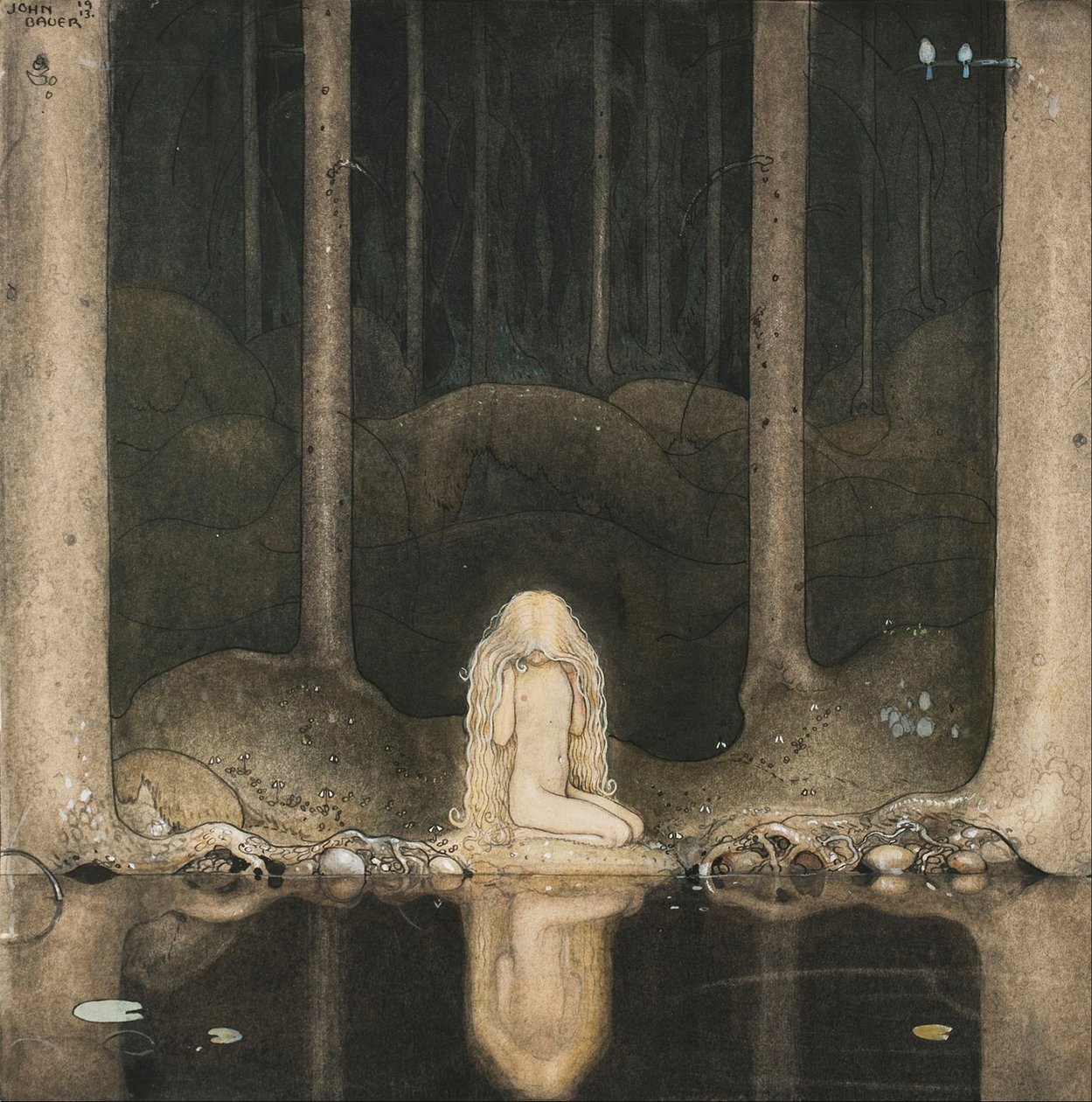 Prenses Tuvstarr hala orada oturmuş özlemle suya bakıyor, 1913 by John Bauer