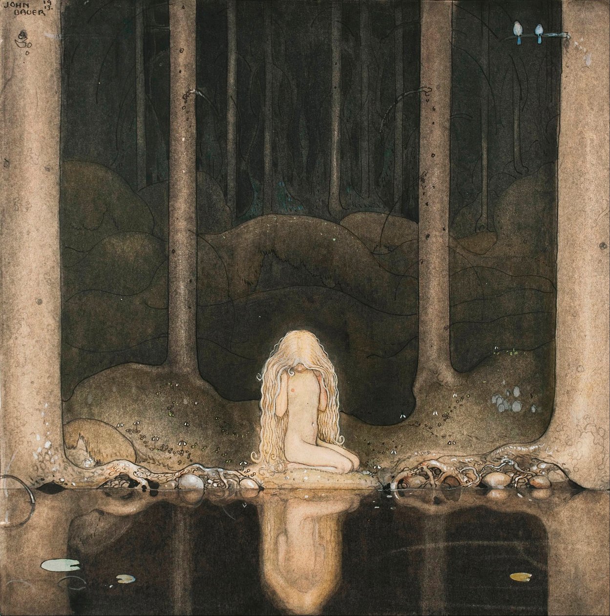 Prenses Tuvstarr nostaljiyle gölün suyuna bakıyor by John Bauer