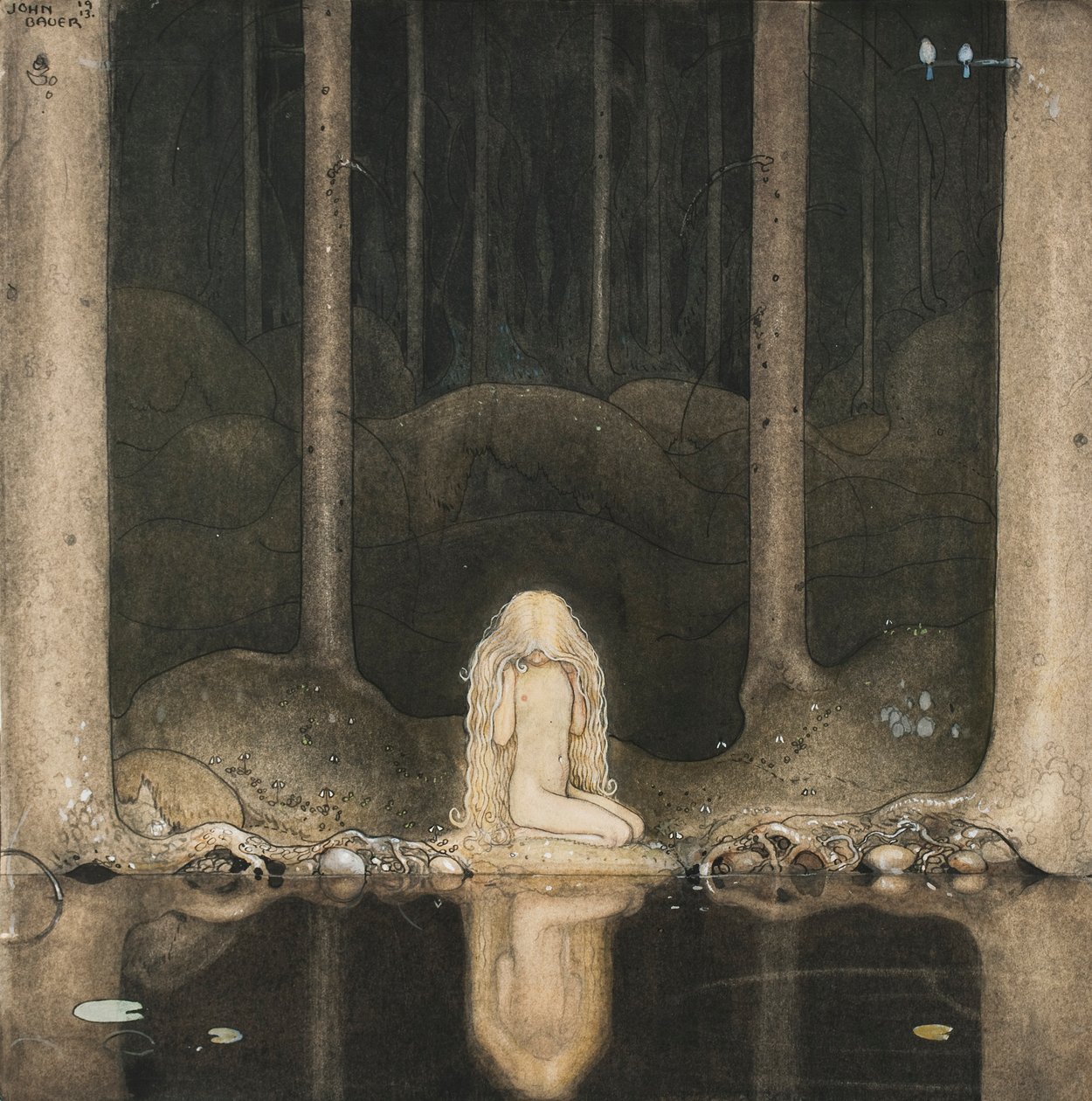Tuvstarr hala orada oturmuş özlemle suya bakıyor by John Bauer
