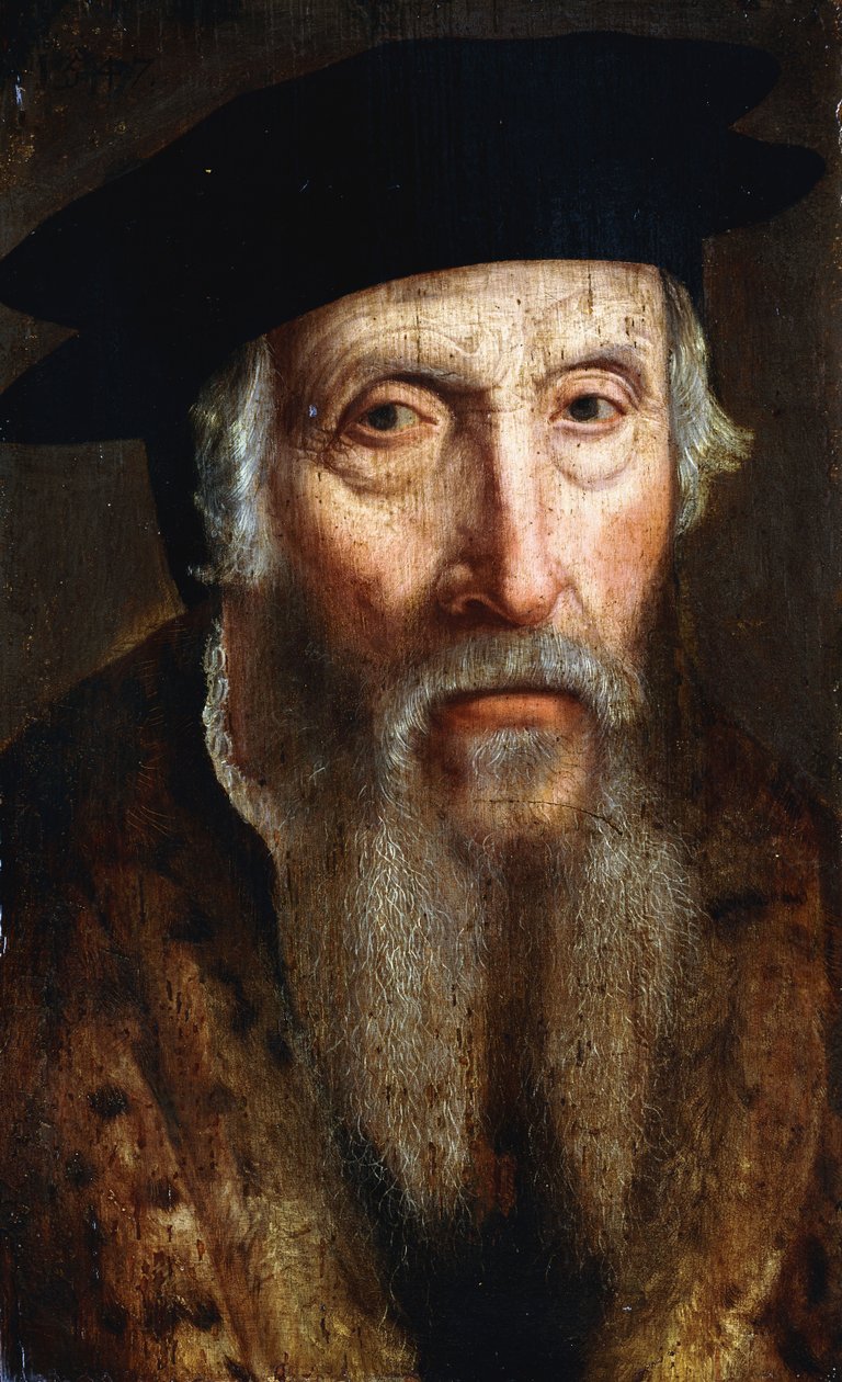 Büstü Boyu, Kürk Kesilmiş Paltolu ve Siyah Şapkalı Sakallı Bir Adamın Portresi, c.1547 by John Bettes