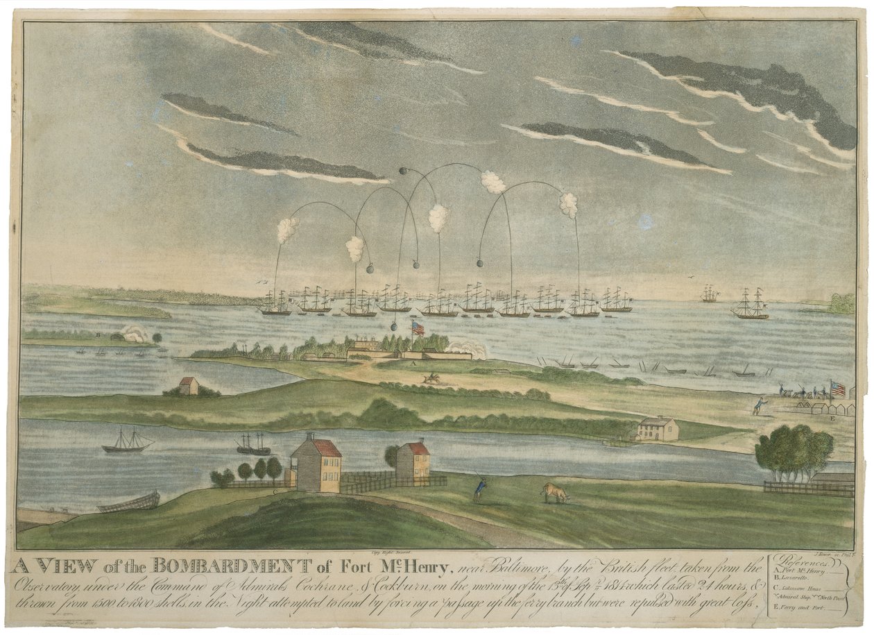 Fort McHenry Bombardımanı Bir Görünüm, c. 1815 (dokuma kağıt üzerine elle boyanmış aquatint) by John Bower