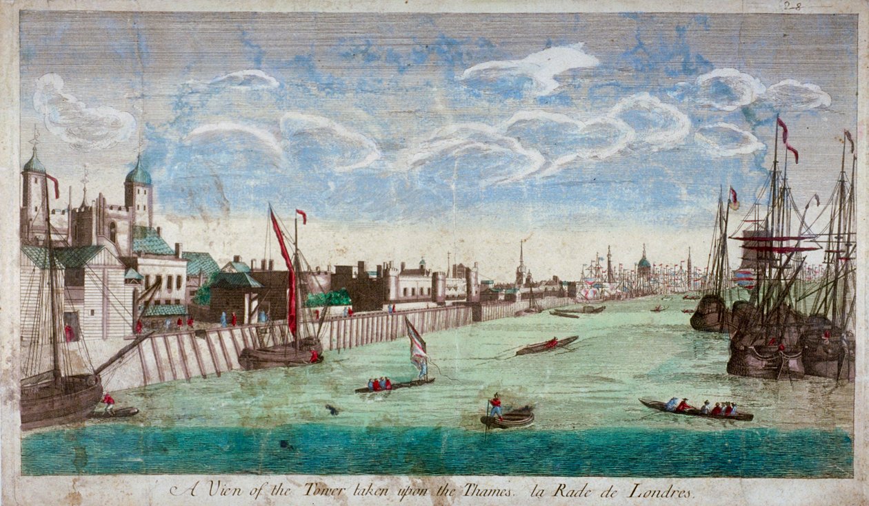 Thames Nehri üzerinde teknelerle Londra Kulesi manzarası, 1751 by John Boydell