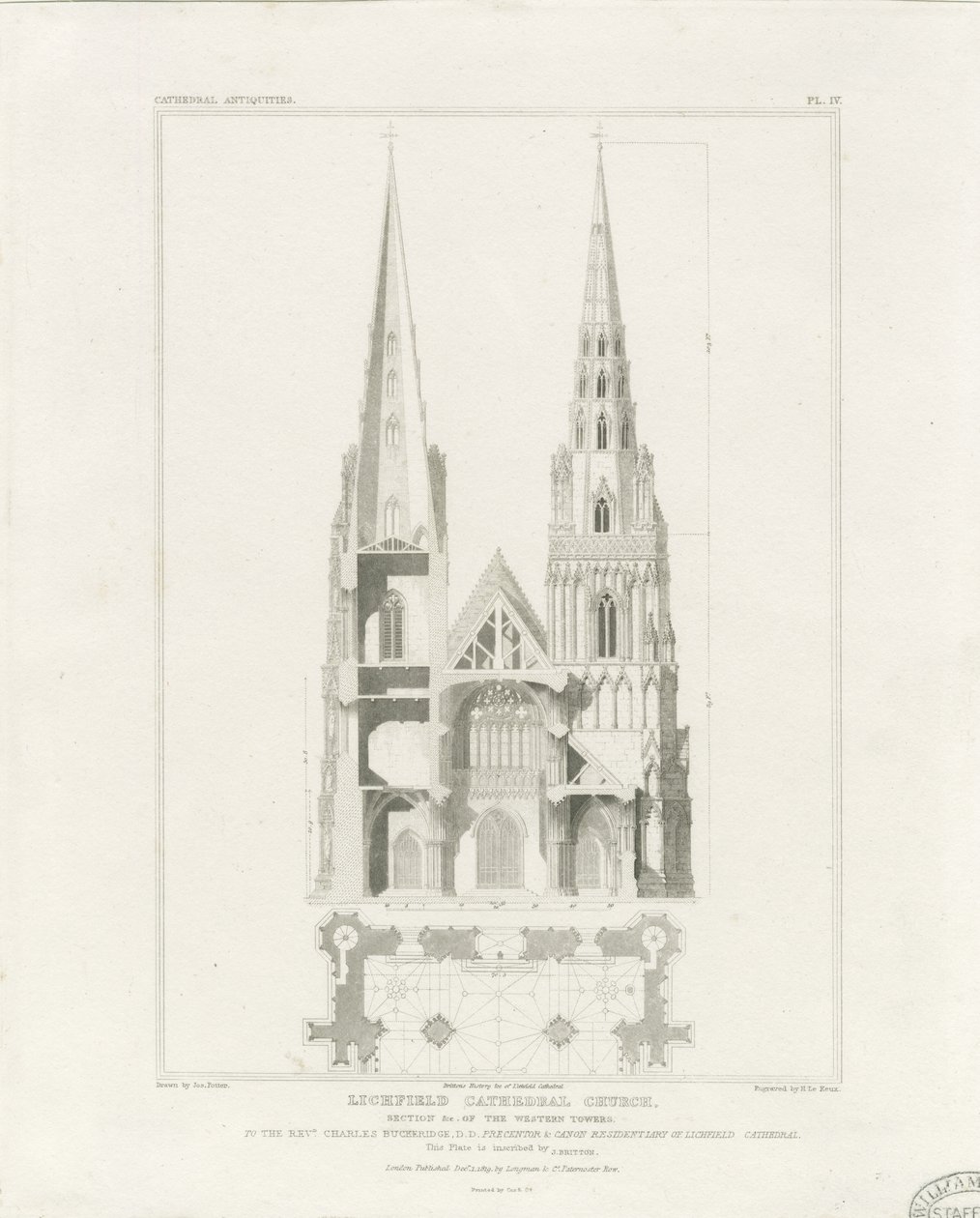 Lichfield Katedrali - Batı Cephesi: gravür, nd [c 1819] by John Britton
