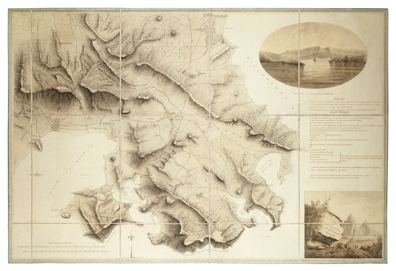 İngiliz Limanı, Antigua çevresinin planı, yaklaşık 1782 (Mürekkep ve yıkama, parçalı ve arkalı) by John Brown