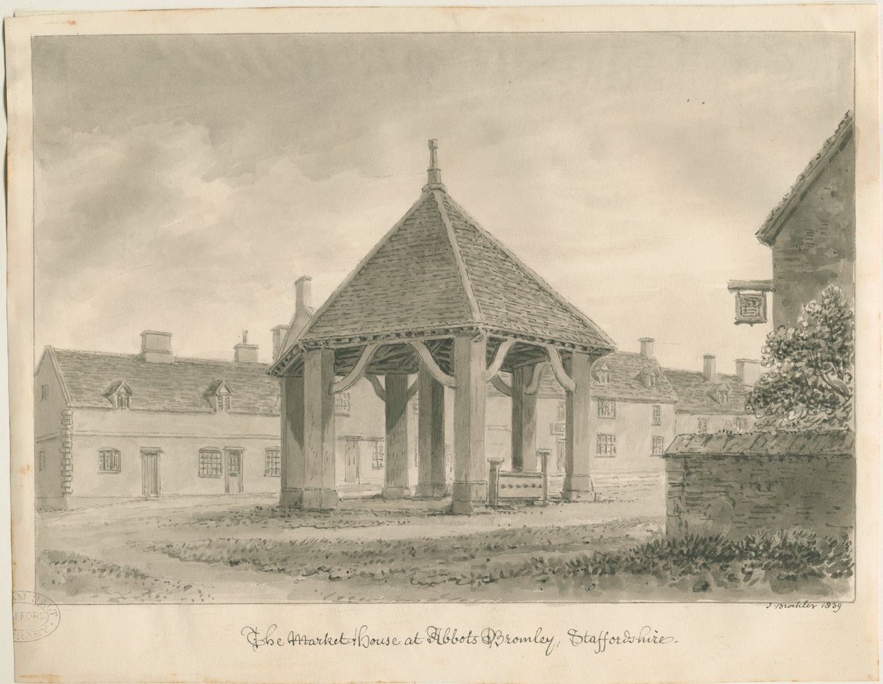 Abbots Bromley - Pazar Evi ve Hisse Senetleri: sepya çizimi, 1839 by John Buckler
