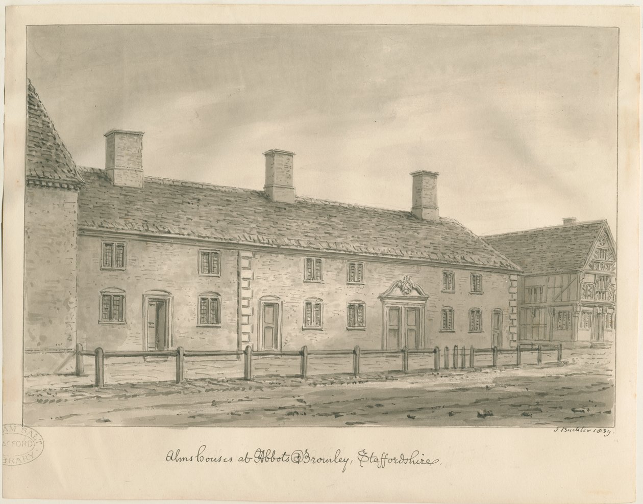 Abbots Bromley Almshouses: sepya çizimi by John Buckler