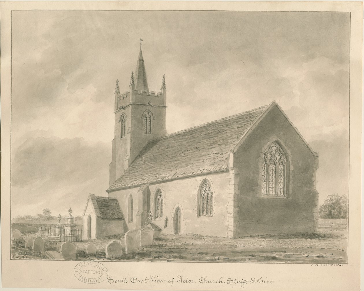 Acton Trussell Kilisesi: sepya çizimi, 1841 by John Buckler