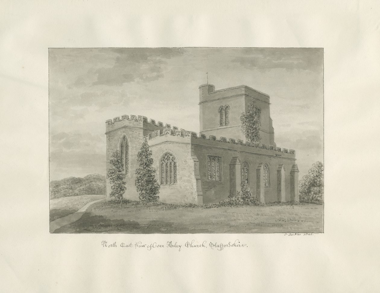 Arley Kilisesi: sepya çizimi, 1846 by John Buckler