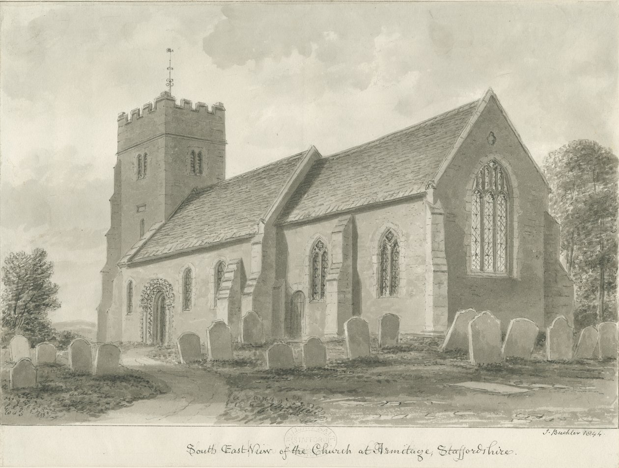 Armitage Kilisesi: sepya çizimi, 1844 by John Buckler
