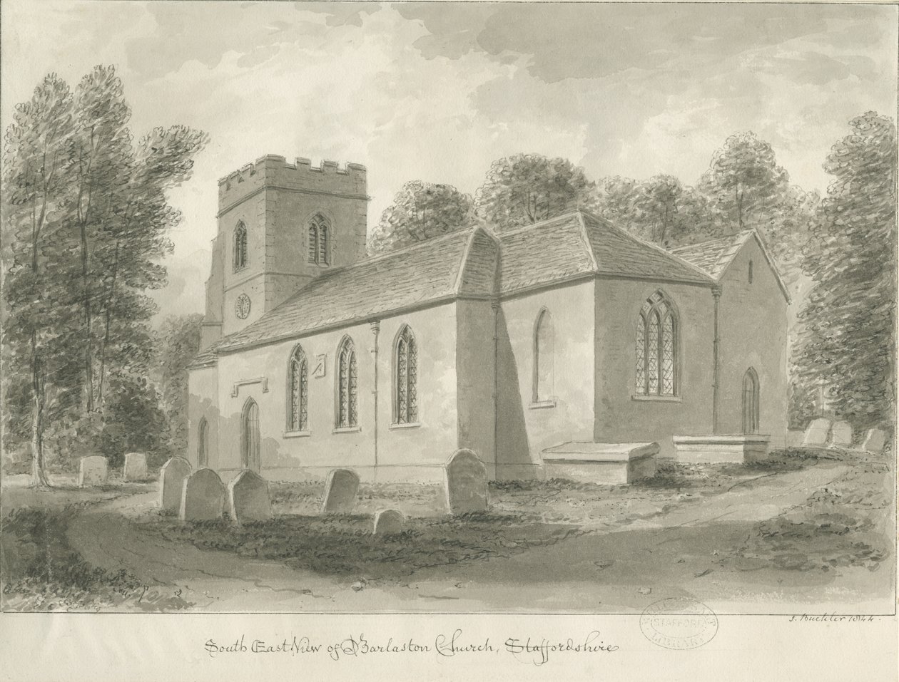 Barlaston Kilisesi: sepya çizimi, 1844 by John Buckler