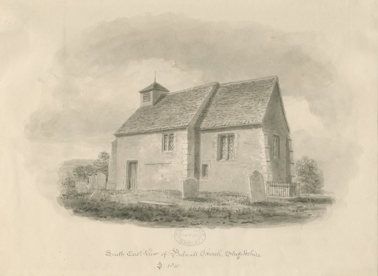 Bednall Kilisesi: sepya çizimi, 1841 by John Buckler