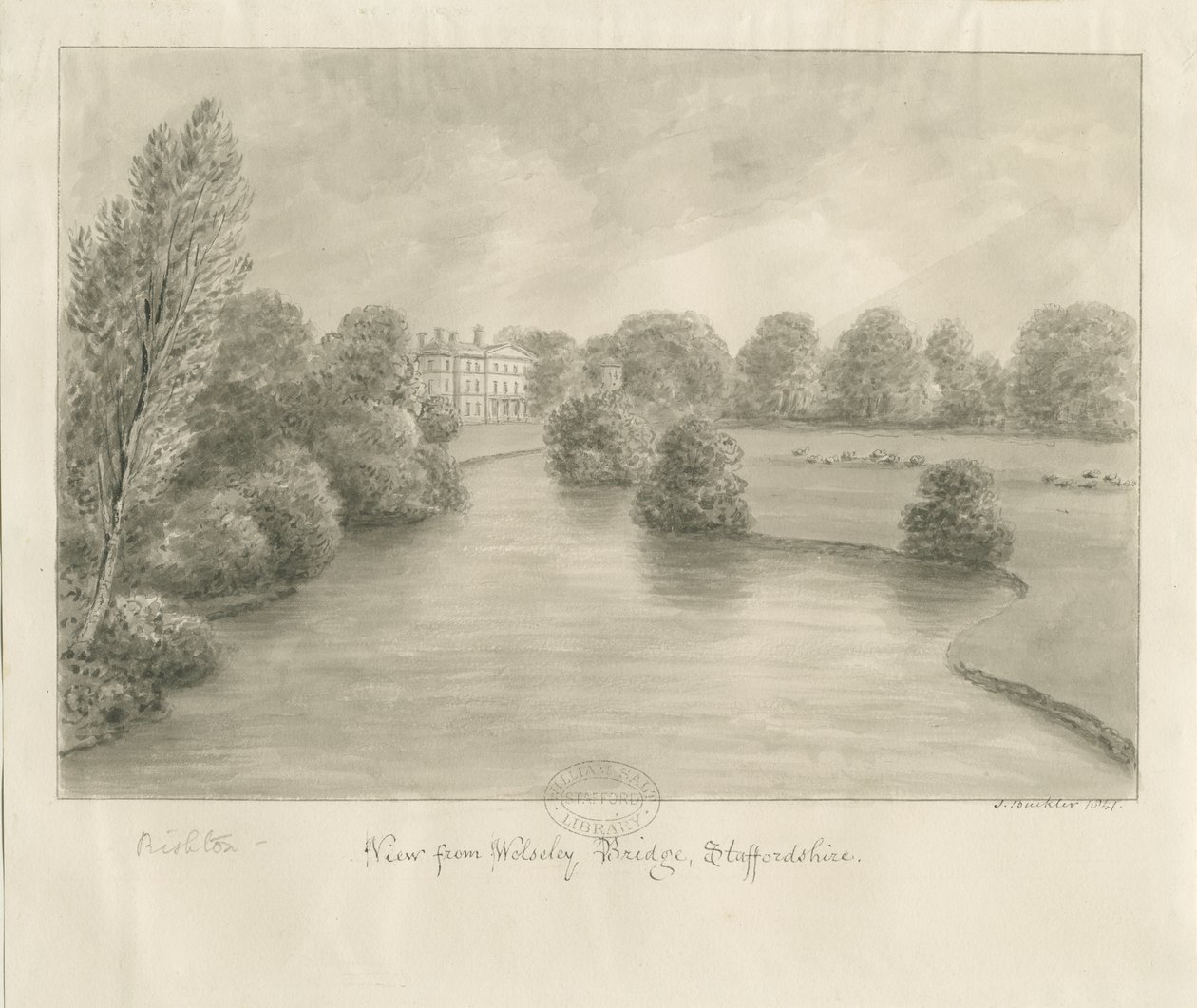 Bishton Hall: sepya çizimi, 1841 by John Buckler