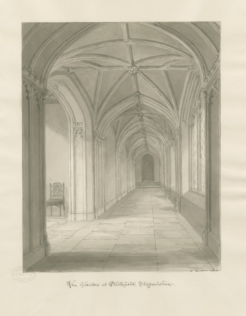 Blithfield Hall - Cloisters: sepya çizimi by John Buckler