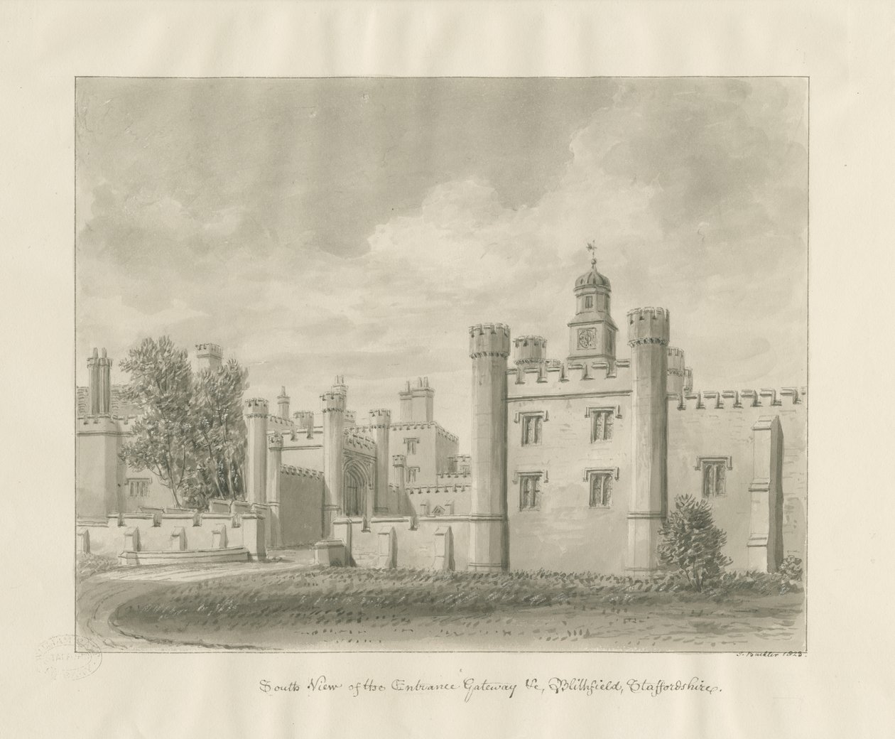 Blithfield Hall: sepya çizimi by John Buckler