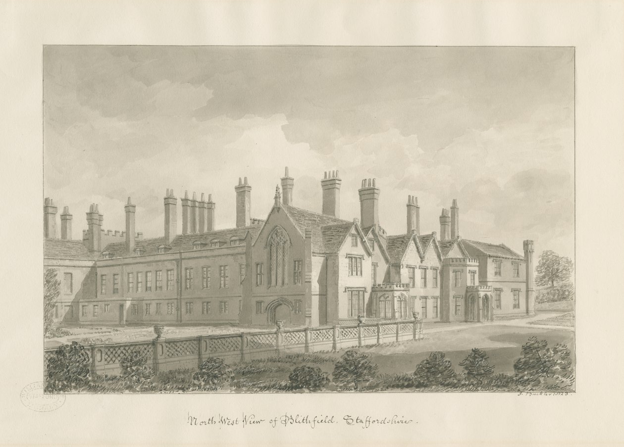 Blithfield Hall: sepya çizimi by John Buckler