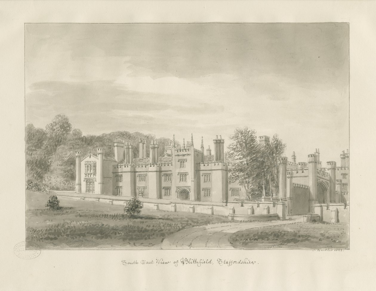 Blithfield Hall: sepya çizimi, 1823 by John Buckler