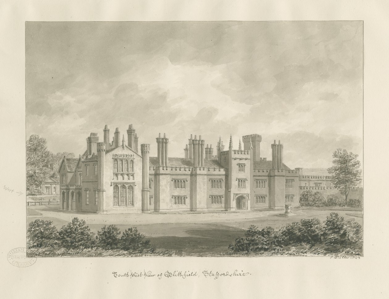 Blithfield Hall: sepya çizimi, 1823 by John Buckler