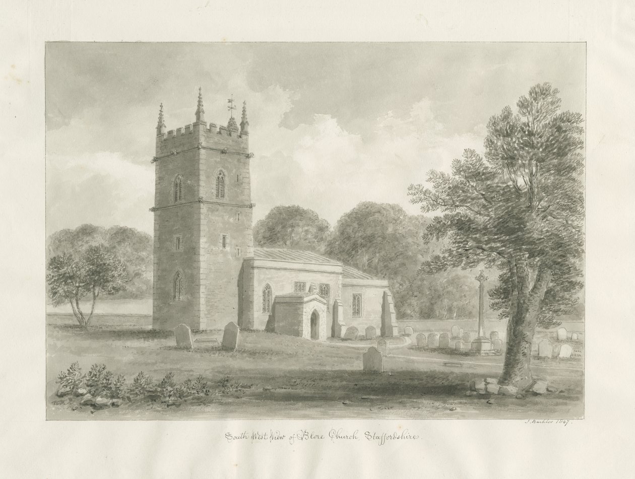 Blore Kilisesi: sepya çizimi, 1847 by John Buckler