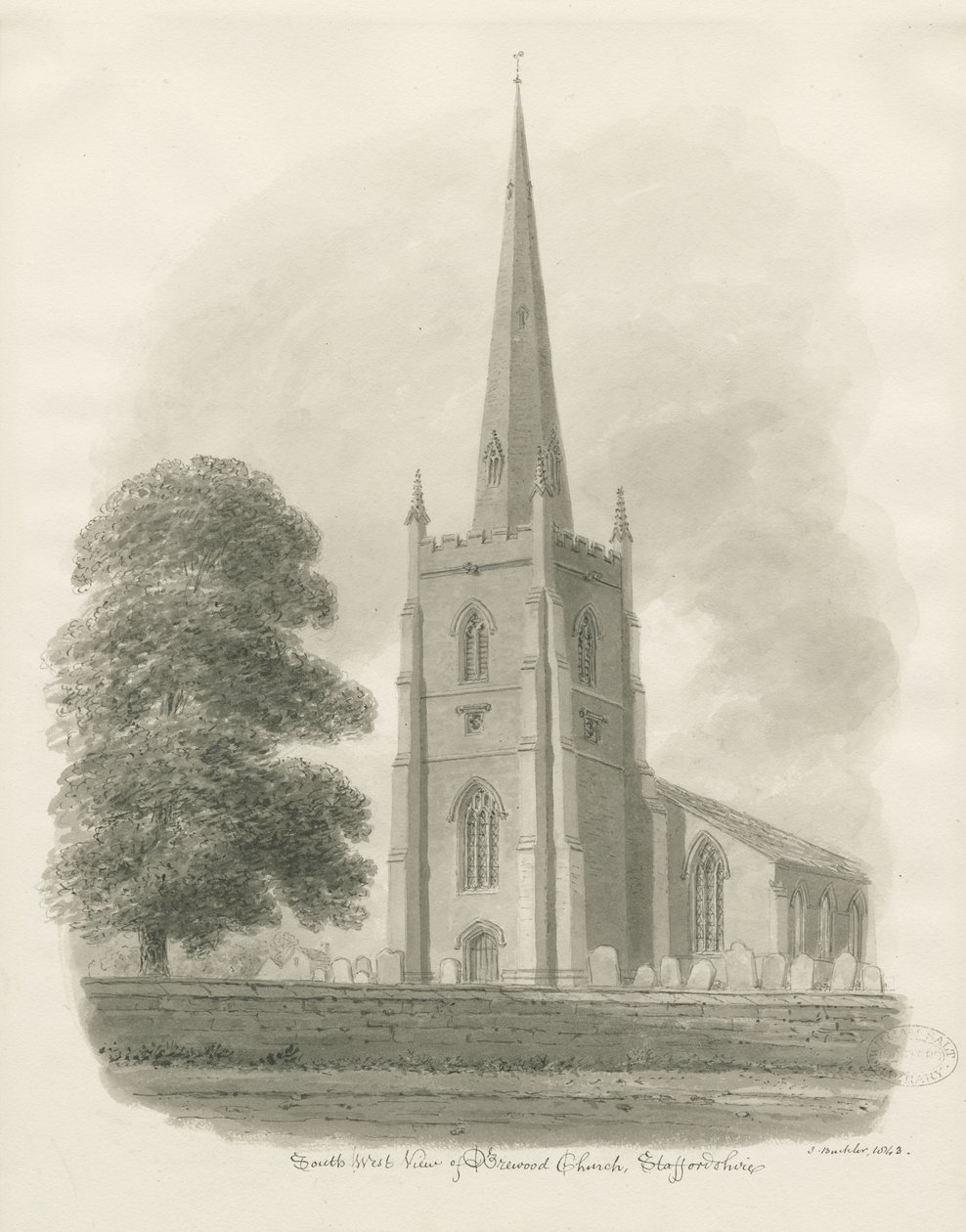 Brewood Kilisesi: sepya çizimi, 1843 by John Buckler