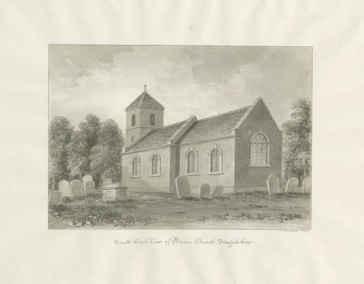 Süpürge (şimdi Worcestershire) Kilisesi: sepya çizimi by John Buckler