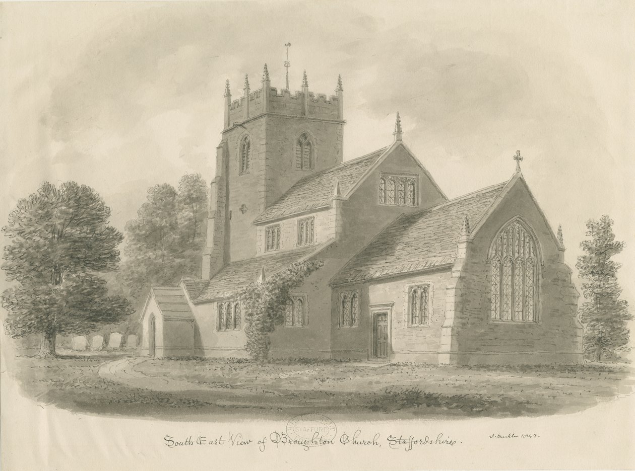 Broughton Kilisesi: sepya çizimi, 1843 by John Buckler